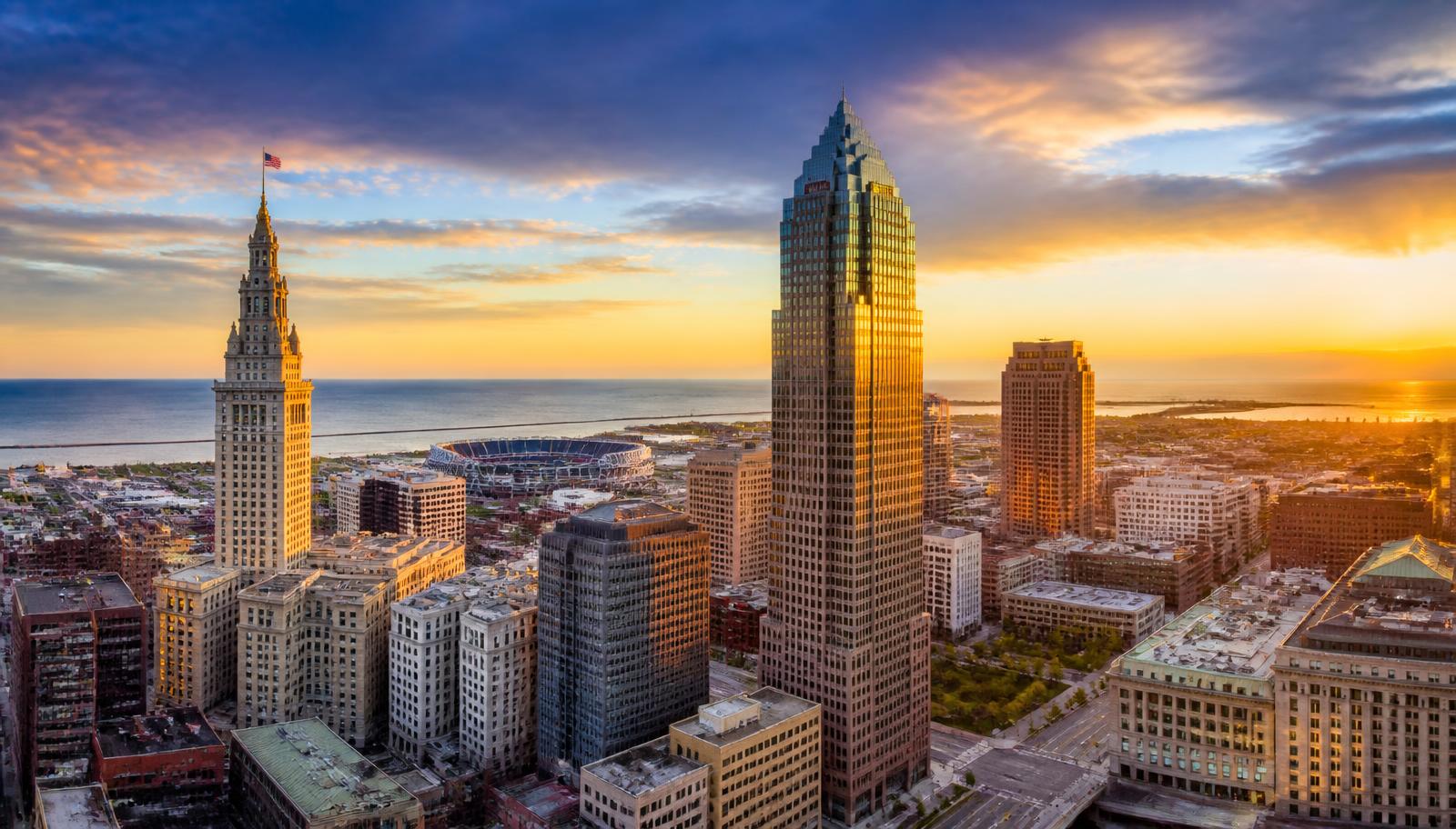 Cleveland Ohio downtown skyline over Lake Erie